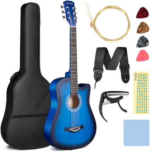 CAHAYA Guitarra Acústica De Tamaño Completo De 38 Pulgadas Con Cuerdas De Repuesto, Estuche, Correa, Púas, Cejuela, Pegatinas, Azul, CY0354
