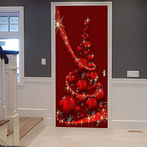 Autocollant Porte Affiche 3D Pour Cuisine Chambre Salle De Bain Auto-Adhésif Amovible Murale Décoration Cloches Rouges De Sapin De Noël 85 X 215 Cm - Photos De Porte - Peintures Murales De Porte