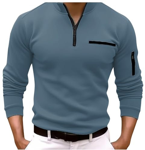 Poloshirts für Herren Zipper Revers Langarm Tasche Polohemd Einfarbig Regular Fit Polo Shirt mit Brusttasche Golf Tennis Lässige Hemd Winter Reißverschluss Businesshemd Arbeits Tops Outdoor