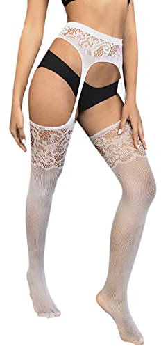 Bas porte jarretelles Femme Bas Hauts de Cuisse Collant en Résille Floral avec Jarretière pour Femme Bas pour Porte-Jarretelles Femme Dentelle Résille Grande Taille Collants Ouvert
