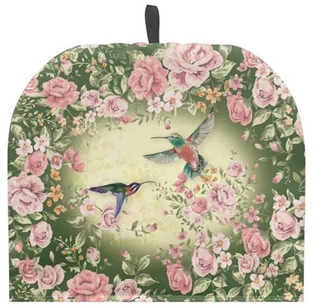 HUGS IDEA Pink Floral Hummingbird Print Teapot Cosy for Home Kitchen Decoration Durable Fabric Tea Pot Dust Cover Kettle Coffee Pot Cover