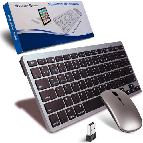 Tastatur Maus Set Kabellos,Bluetooth Tastatur & 2.4 GHz USB,Funktastatur Mit Maus QWERTY Silent Mini Tastatur Ultra-Dünn Wireless Tastatur Maus Set für iPad,Mac,PC,Laptop,Tablet,Phone,Computer,Grau