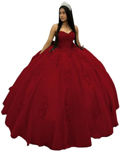 CLcaojun Vestidos de quinceañera con apliques de encaje, vestido de baile de tul con hombros descubiertos, vestido de graduación 2024, vestidos de fiesta de 15 a 16 para mujer, rojo vino, 38