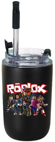 MAJEQZGY Roblox Water Bottle, 280 ml, Leak-Proof Water Bottle with Straw, Drinking Cup, Stainless Steel Bottle for Work, Travel, Outdoor, School (Black Cool Characters)