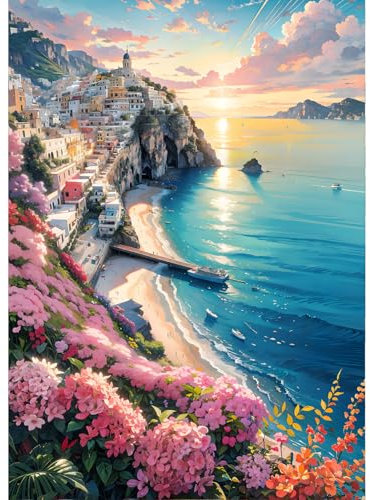 QINRUBB 5D Santorin Peinture Diamant Painting Kit, DIY Paysage Art du Diamant Complet Kits, Coucher de Soleil Diamond Art Strass Point de Croix Painting pour Adultes Débutants Maison Décor 30X40cm