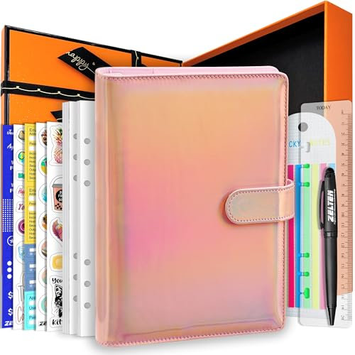 Taccuino Personale in Pelle PU con 80 Pagine di Carta a Fogli Sciolti 6 Fori Anello Raccoglitore Portapenna Fibbia Magnetica (Holographic Pink, A5 Gift Box)