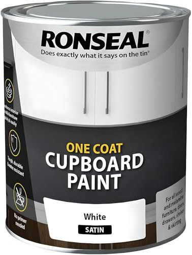 AMK® Ronseal One Coat Cupboard Paint 750ml White Satin For Interior Wood and Furniture No Primer Needed Withstands Knocks & Scuffs