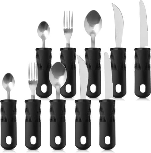 10 utensilios adaptativos, cubiertos de fácil agarre, suministros especiales, utensilios de acero inoxidable, anchos, sin peso, asas antideslizantes para temblores de manos, artritis, parkinson o uso