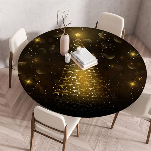 Morbuy Elastische Tischdecke Wasserdicht, Weihnachtsbaum 3D Drucken Tischdecke mit Gummizug Rund, Tischdecken Tischtuch Abwischbar Gartentischdecken (Durchmesser 120cm,Golden Stern)
