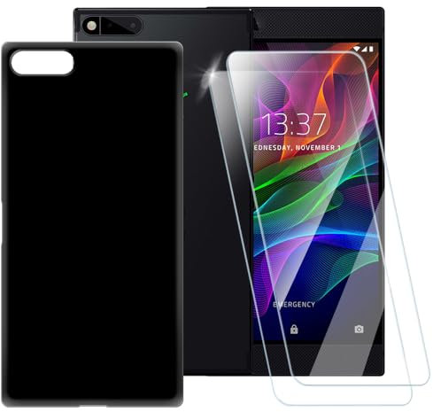 ESACMOT Pure Black Case Compatible with Razer Phone + [2 Pack] Screen Protector Tempered Glass, Shockproof Case Cover for Razer Phone 1 (14.5 cm)