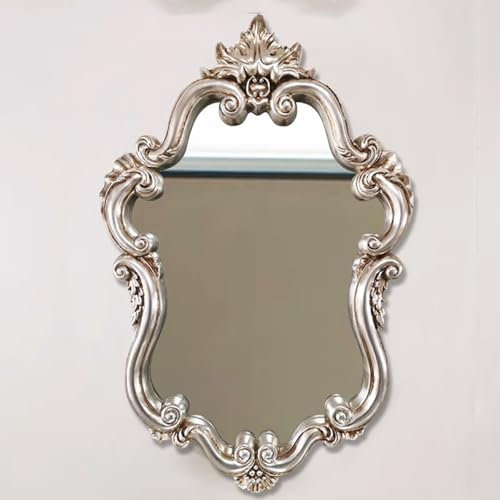 ZYBOWAYL Antik Wandspiegel 90x60 cm mit PU Rahmen, Vintage Barock Spiegel, Shabby Chic Dekospiegel Goldfarbener, Verziert Badezimmerspiegel, for Flur oder Garderobe(Silver)