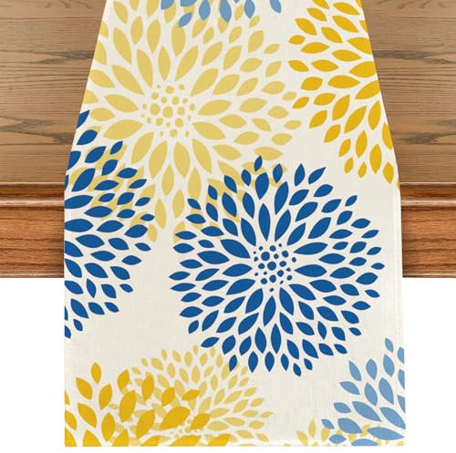 Gelb Blau Dahlien Sommer Tischläufer, Waschbar Blumen Tischband, Frühling Sommer Küche Dekoration Drinnen Urlaub Party Tischdeko für Hochzeit, Geburtstag, Gartenparty, 40 x 180 cm