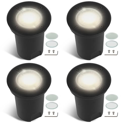 Fiqops 4er Set Bodenstrahler außen IP67,Bodeneinbaustrahler aussen mit LED GU10 3W Naturweiß (Wechselbar) rund Bodenleuchten Schwenkbar Mit Mattierten Ersatzlinsen Bodenspot befahrbar 230V