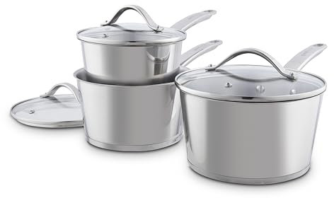 GF900260 Good Food in Partnership with Tower 3 Piece Saucepan Set with 16cm, 18cm & 20cm Saucepans with Steam Release Tempered Glass Lids, Induction Compatible, Stainless Steel