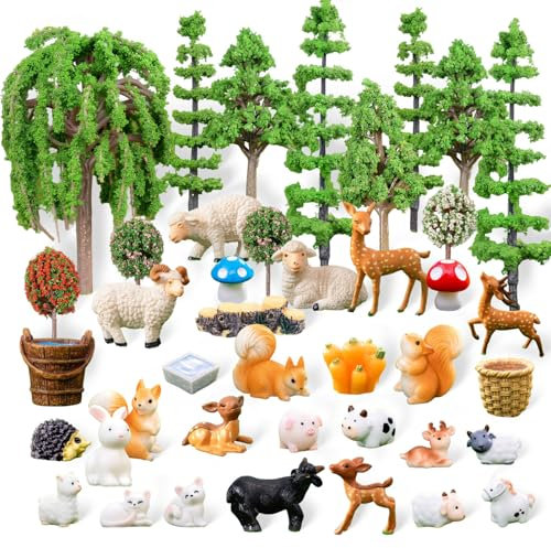 Suynauetev 51 Stück Feengarten Miniatur Deko Modellbau Bäume Waldtiere Bauernhoftiere Tierfiguren Miniatur Garten Feengarten Zubehör Waldtiere Figuren Sandbox Spielzeug Landschaftsdeko DIY Geschenke