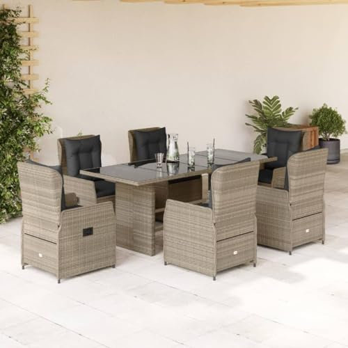 Verderoom Gartenmöbel Set 6 Verstellbare Hochlehner Stühlen mit Tisch Garten Sitzgruppe 6 Personen Rattan 6 Personen Polyrattan Gartenmöbel Set mit Kissen-Hellgrau-7-tlg Typ 2