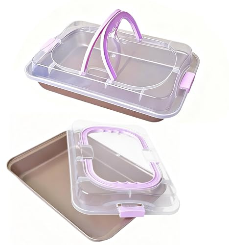FAAING 2 Stück Rechteckige Backblech mit Deckel Antihaft, Blechkuchen Transportbox Backform Rechteckig mit Deckel, Kuchen Transportbox mit Klappbarem Griff für Ciabatta, Baguette, Focaccia