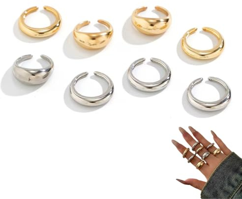 YAPKOLV 8 Stück Chunky Ringe Set für Damen, Dicke Dome Ringe, Stapelbare Offene Ringe, Trendiger (Gold, Silber)