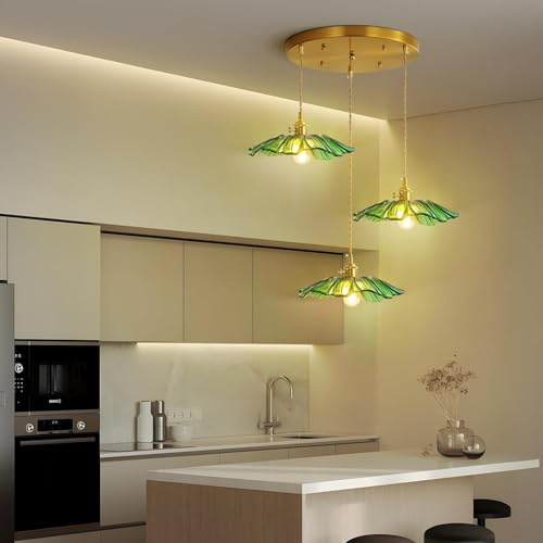 AroimRex Pendelleuchte grünes Glaslicht Kücheninselleuchten Esszimmerleuchte Kronleuchter Blume DREI Lichter für Schlafzimmer Küche Flur grüne Sonnenblumenform verstellbar Hängeleuchte