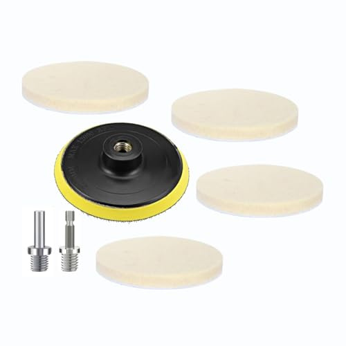HOTCKB Wolle Polieraufsatz 100mm x 9mm Polierpads mit Klett Schleifteller | 4 Stück Wollfilz-Polierpad,4 Zolll Wolle Klettpads mit 2Pcs M14 Bohradapter für Poliermaschine Schleifmaschine