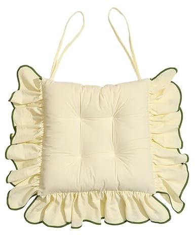 Stuhlkissen mit Volant für Esszimmer - 45x45 cm Baumwoll Sitzkissen, 4-seitig gerüscht Bindebändern rutschfeste & waschbare Stuhlauflage im Landhaus & Vintage Design(Beige,1pcs)