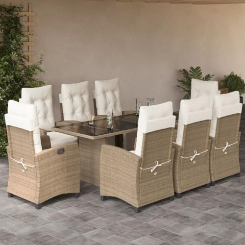 QJBSAVVA 9-TLG. Garten-Essgruppe Beige Poly Rattan 190 x 80 x 74 cm mit Verstellbarer Lehne und Kissen Robust und Modern für Garten Balkon Terrasse