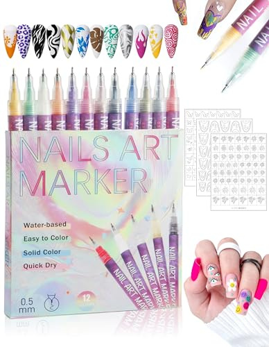 Erinde 12 Colours Nail Art Pens Set with Stickers, Quick Dry Nail Art Markers for Gel Nails, Fine Tip Nail Drawing Pens, DIY 3D Nail Design Graffiti Dotting Liner Nail Painting Tool