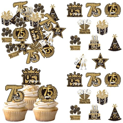 60 Stück Essbare Tortendeko 75 Geburtstag Mann Frau Happy 75th Birthday Tortendeko 75. Geburtstag Kuchen Deko Essbare Cupcake Toppers für 75. Geburtstagparty Viintage 1951 Party Kuchen Dekoration
