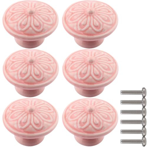 ZESLIV Lot de 6 boutons de meuble en céramique pour tiroir ou porte d'armoire - 40 mm - Rose