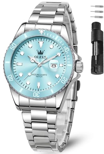 OLEVS Damen Armbanduhr Analog Quarz Wasserdicht Klassische Damenuhr Sliber Edelstahlarmband mit Datum Diamant Schlankes Design Geeignet für schmale Handgelenke