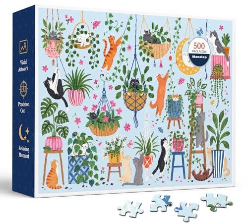 Hanging Plant Cats 500 Piece Jigsaw Puzzle for Adults, Colorful Indoor Garden Scene with Playful Cats, Macrame Planters, Leafy Vines, Pink Flowers, and Bright Watercolor-Style Artwork, 20.5 x 15 in
