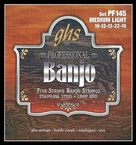 GHS Professional - PF145 - Banjo String Set, 5-String, Loop End, Stainless Steel, Medium Light, .010-.022