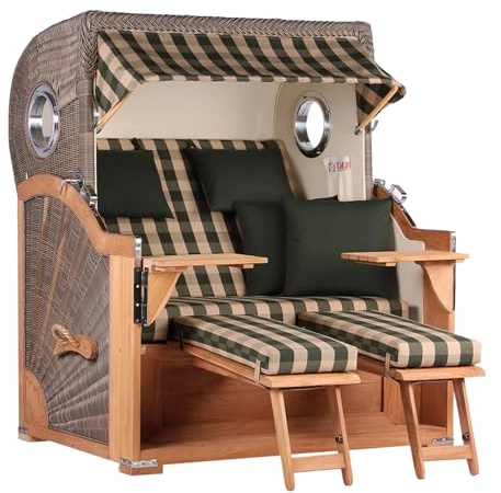 MR. DEKO® Strandkorb Baltikum 2,5-Sitzer Teak | PE Geflecht Grey | Volllieger Strandkörbe aus Teakholz mit 2 Bullaugen & Fußablagen | Polster mit 4 Kissen | Strandstuhl (Dessin 506)