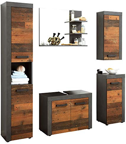 trendteam smart living - Indy - Badkombination - Braun/Grau - Hochschrank, Hängeschrank, Standschrank, Wandspiegel mit Ablagen, Waschbeckenunterschrank - (BxHxT) 175 x 184 x 34 cm - Landhausstil