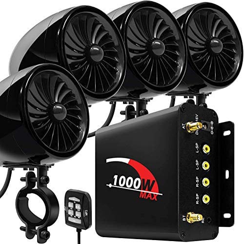 Aileap 1000W 4 Kanal Motorrad Verstärker 4 Full Range Wasserdicht Bluetooth Motorrad Stereo Lautsprecher Audio System mit AUX USB SD FM Radio für 1-1.5 Lenker Harley Cruiser ATV UTV (Schwarz, Fan)