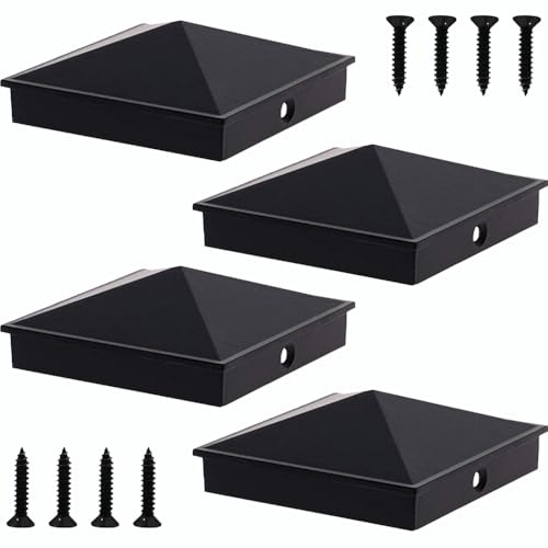 Azdele 6x6 Heavy Duty Aluminum Pyramid Post Caps Cover (Actual 5.5 x 5.5 Wood Post), with Matte Finish Powder Coated Surface, for Fences Wood Post of Decks or Corridors, Black 4Pack