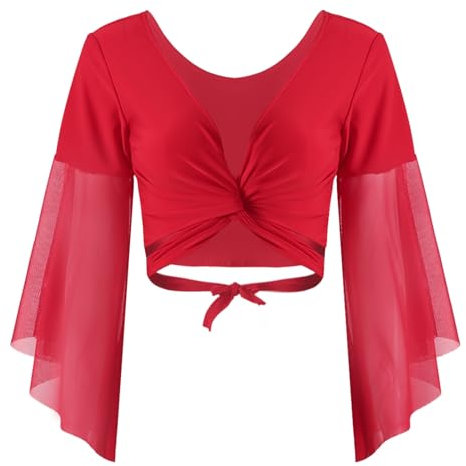 Jowowha Damen Bolero Jäckchen Bauchtanz Kostüm Schulterjacke Langarm Shrug Cardigan Tops Latein Tanz Ballettjacke Kurz Oberteile Rot Einheitsgröße