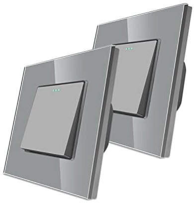2 Pack CNBINGO Wechselschalter Rocker Knopfschalter mit Leuchtstoffpunkten, modernem Kristallglas Grau Wandtafel, Elektrischer Einzellichtschalter, 1-Fach, Wechselschalter