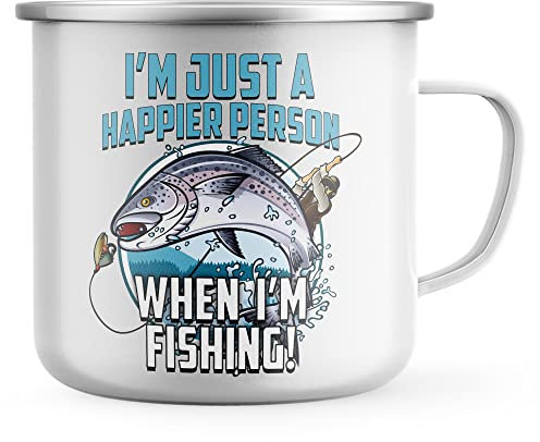 I'm A Happier Person When I'm Fishing Enamel Mug, Fishing Gifts for Him, Birthday Camping Gift, Camping Coffee Cup for Fisherman, Fishing Presents For Dad and Grandad, One Size, White