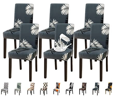 Jaotto Stuhlhussen 6er Set Wasserdicht Stuhlhussen für Esszimmerstühle Stretch Stuhlhussen Schwingstühle Waschbarer Universal Dekoration Stuhlbezug für Haus Restaurant Küche Hotel,Schwarze Blätter