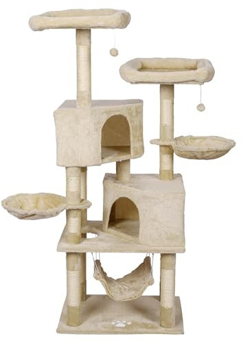Wiltec Kratzbaum Beige mit Pfotenmotiv 145 cm, Katzenkratzbaum mit Plattformen und Katzenhäuser, Katzenbaum mit Hängematte, Kletterbaum für Katzen