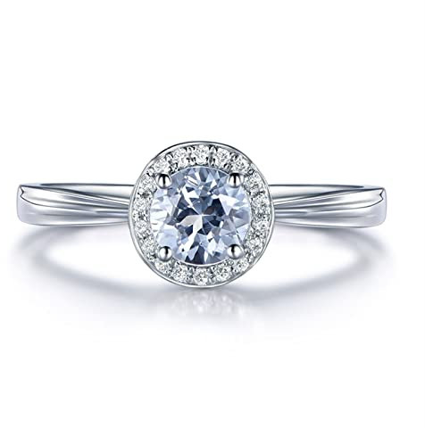 18 Karat (750) Weißgold Ring Gold, Ringe Frauen Runder Aquamarin 0,48 ct Weißer Diamant 0,07 ct Blau Aquamarin Ring Größe 50 (15.9)