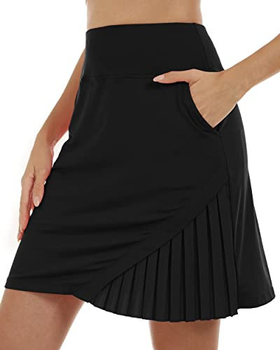 MoFiz Damen Tennisrock Sportlicher mit Shorts Taschen Sommer SkirtRock mit Tunnelzug Schwarz M