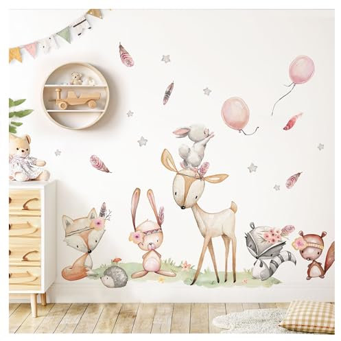 DEKO KINDERZIMMER Wandtattoo Waldtiere Set Wandsticker REH Hase Fuchs Kinderzimmer Wandaufkleber Ballon Babyzimmer Wanddeko DK1098-4