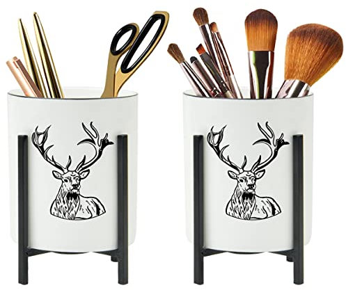 MONOSUGO SAMAZAMA Stifthalter für den Schreibtisch, Bleistiftbecher für den Schreibtisch, langlebige Keramik-Make-up-Pinselhalter, schwarzer Stifthalter, Tasse mit Hirsch, mit Metallhalterung, 2 Stück
