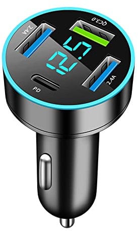 Car Charger USB C Car Adapter,4 Port USB Car Charger Adaptor with Voltmeter PD & QC 3.0 Car Phone Charger Cigarette Lighter USB Charger Socket Fast Charge for iPhone,Samsung,iPad & More Phone Tablets
