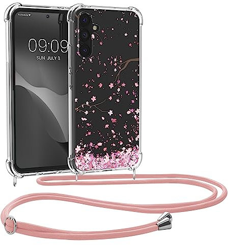 kwmobile Necklace Case kompatibel mit Samsung Galaxy A34 5G Hülle - Silikon Cover mit Handykette - Rosa Dunkelbraun Transparent Kirschblütenblätter