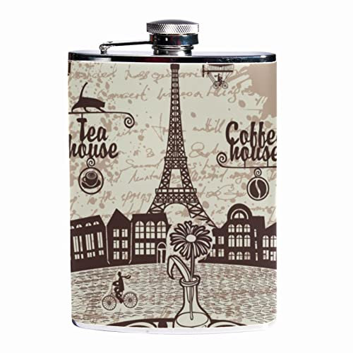 Flasques pour l'alcool,Journal vintage Tour Eiffel,Flacon étanche en acier inoxydable et flacon entonnoir pour hommes femmes