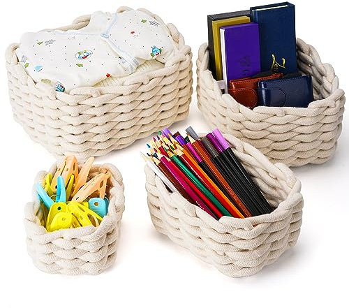 Lannvan Lot de 4 Panier Rangement Tissé en Corde Coton - Panier Rangement Bébé - Paniers de décoration - Rangement pour cuisine, salle de bain, chambre à coucher,blanc