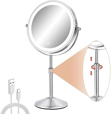 FFowcye 8 Schminkspiegel mit Beleuchtung, 1X/10X Vergrößerungsspiegel mit Licht Einstellbare Höhe, 360° Drehbarer Kosmetikspiegel mit Touchschalter USB Aufladen, Spiegel Schminktisch Ständer